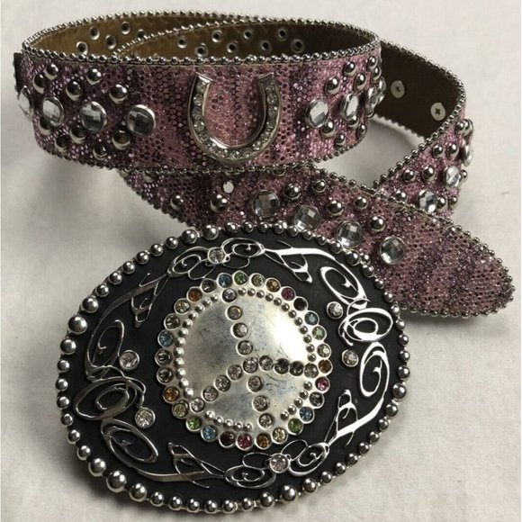 Taylor Brands Accessories - Taylor Brands leather studded Belt Woman Rhinestones Pink Peace and love buckle